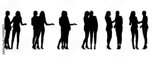 Vector concept conceptual black silhouette of two women standing and talking from different perspectives isolated on white. A metaphor for communication and friendship, collaboration and business