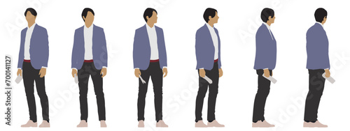 Vector concept conceptual silhouette of a men standing holding a paper in hand from different perspectives isolated on white background. A metaphor for business, leisure, social life and  lifestyle
