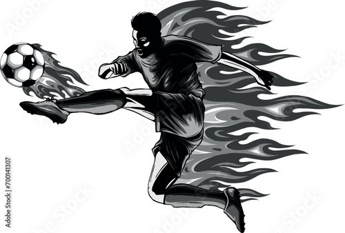 monochromatic illustration of soccer player with flames