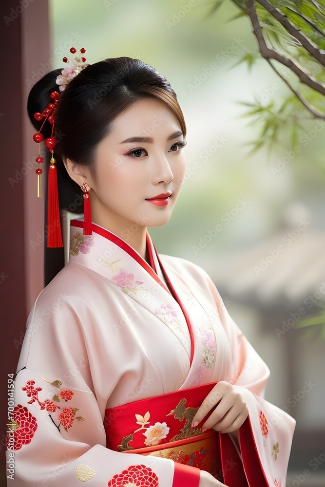 Portrait of young beautiful chinese female wearing traditional chinese clothes with space for text on the side, generative AI, background image Portrait of young beautiful chinese female wearing traditional chinese clothes with space for text on the side, generative AI, background image