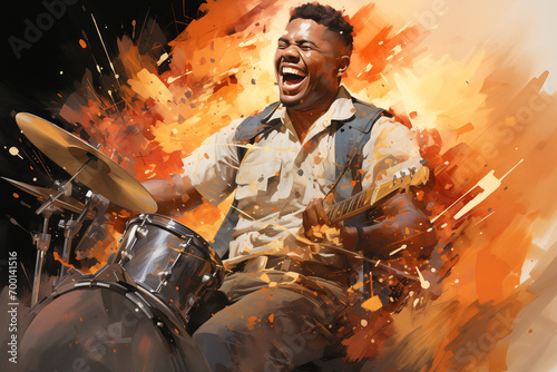 Drummer Playing Percussion to Celebrate Brazilian Carnival Marches with Music, Artistic Drawing Showcasing a Tambourinist Spreading Musical Cheer in Brazil's Festive Processions photo