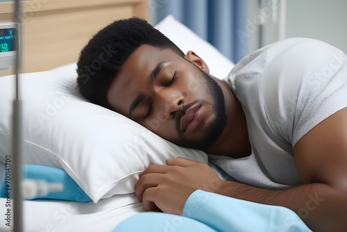 Portrait of a young black male sleeping sick in a hospital bed with a pained face, generative AI, background image photo