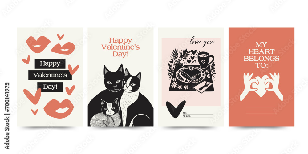 Modern Valentine's day vertical flyer, postcard or poster template. Love hand drawn trendy illustration. - obrazy, fototapety, plakaty 
