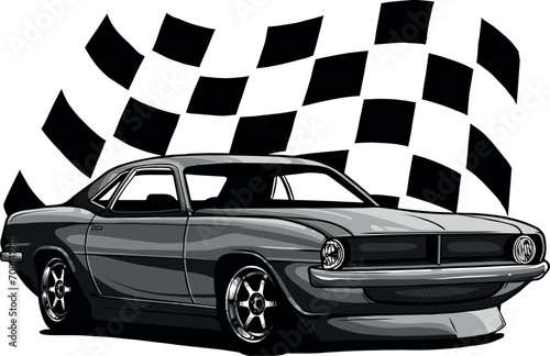 monochromatic illustration of muscle car with race flag