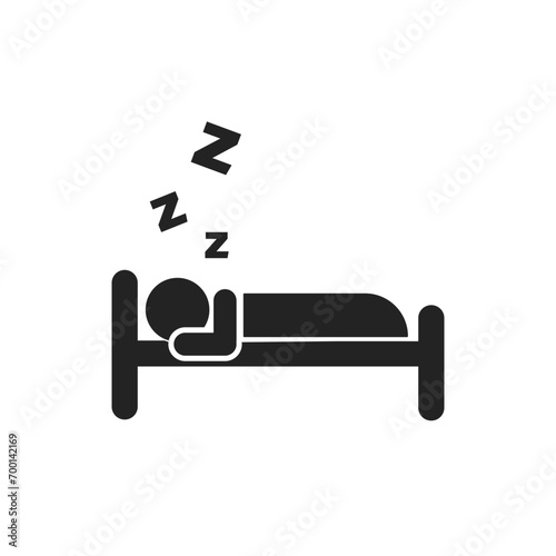 Isolated pictogram man sleep on a bed, symbol icon for hotel, hostel, motel, do not disturb with ZZZ sleep sign