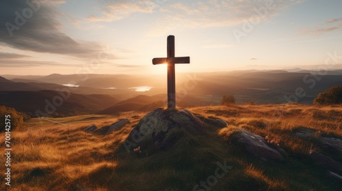 Holy christian religious cross at sunrise on top of hill crucifix © Barosanu