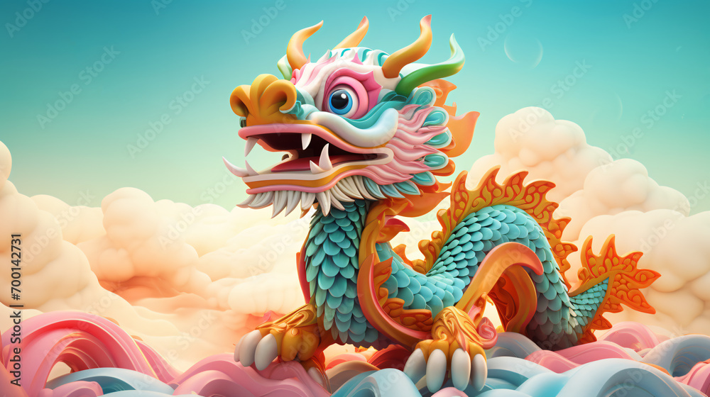 Cute colorful dragon on cloudy sky, celebrate Chinese new year year of the dragon.