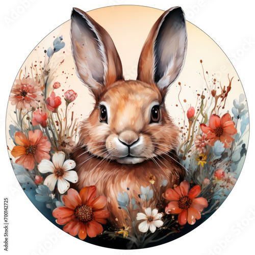 watercolor rabbit Flowers Clocky Circle clipart, Generative Ai
