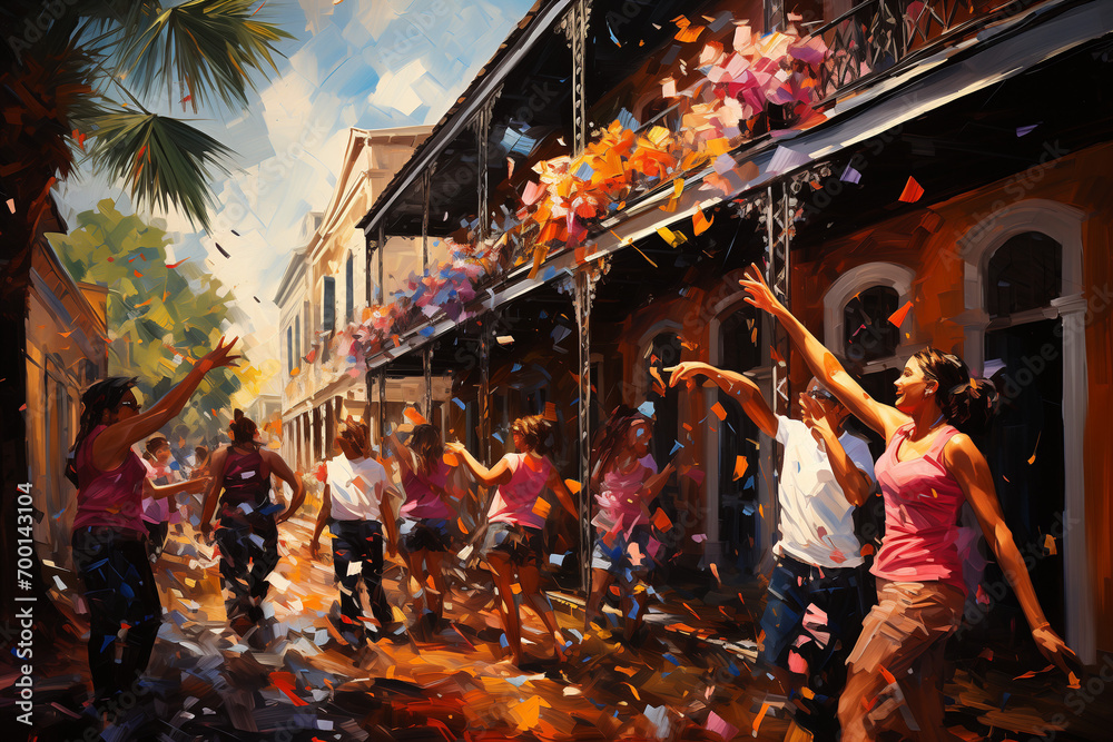 Streets Celebrating Festivities and the Brazilian Carnival full of Colors, Street Carnival Fiesta, Artistic Drawing of a Festival March in Full Swing, Bursting with Life, Joy, and a Spectrum of Colors - obrazy, fototapety, plakaty 
