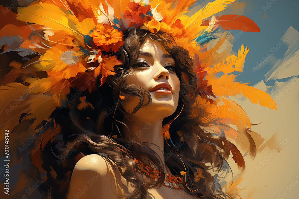 Samba Dancer full of Feathers and Colors for the Brazilian Carnival, Carnival Artwork Showcases the Graceful Movements of a Brazilian Samba Dancer Amidst a Riot of Colors