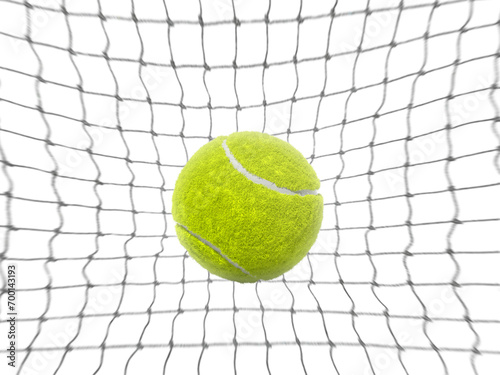 Tennis ball in the net on a white background