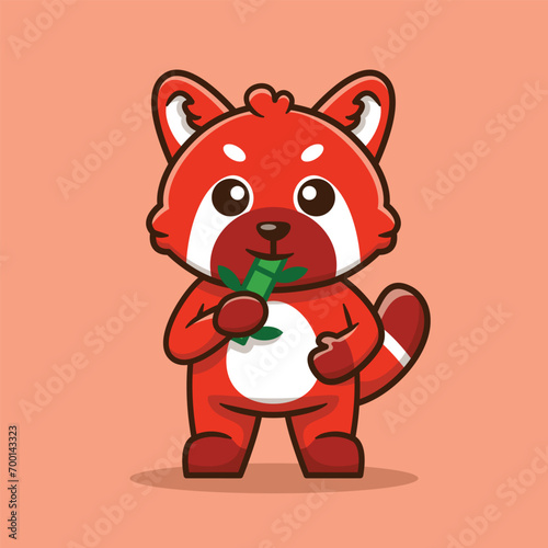 Cute Red Panda Eating Bamboo Vector Cartoon Illustration