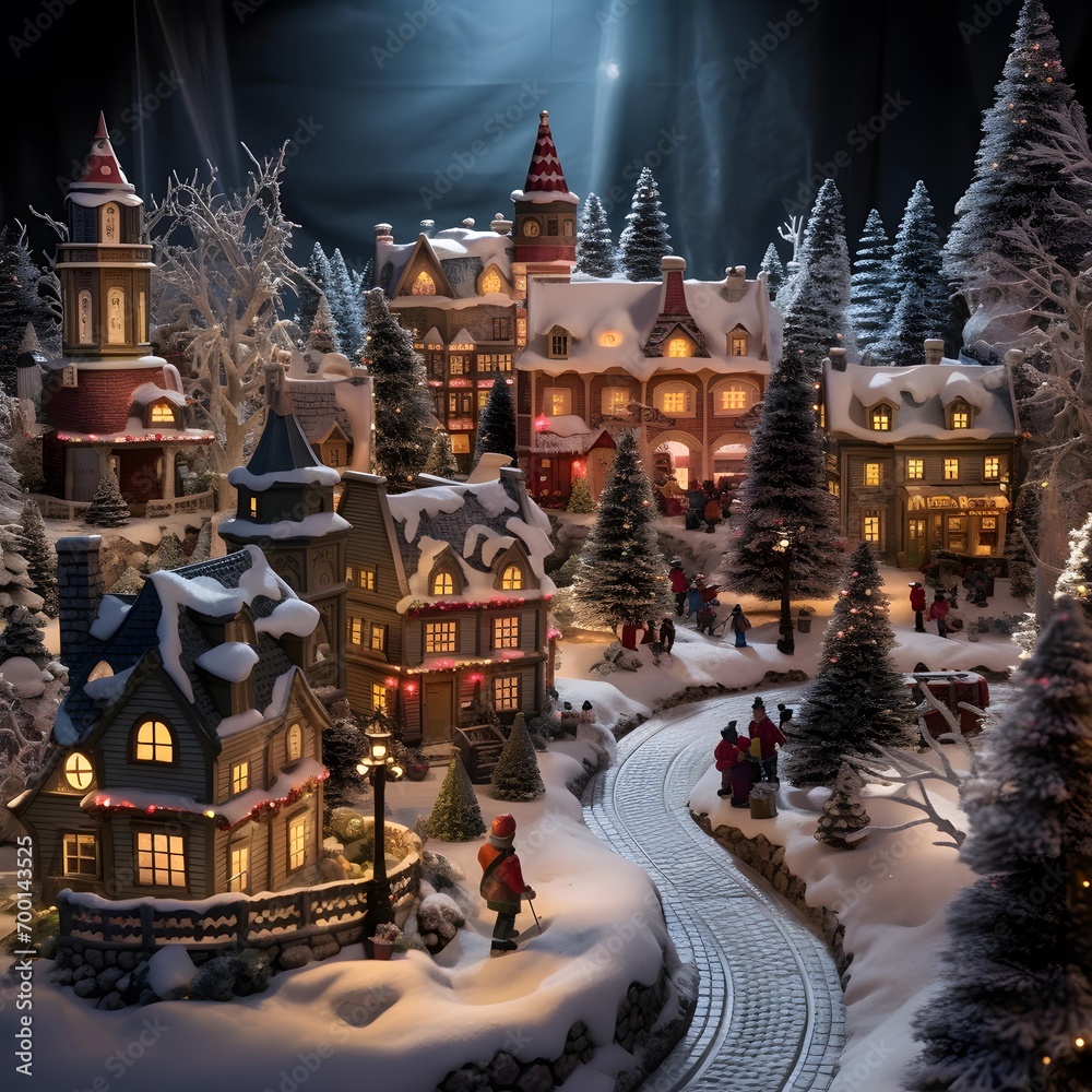 Miniature Christmas village in the snow. Christmas and New Year concept