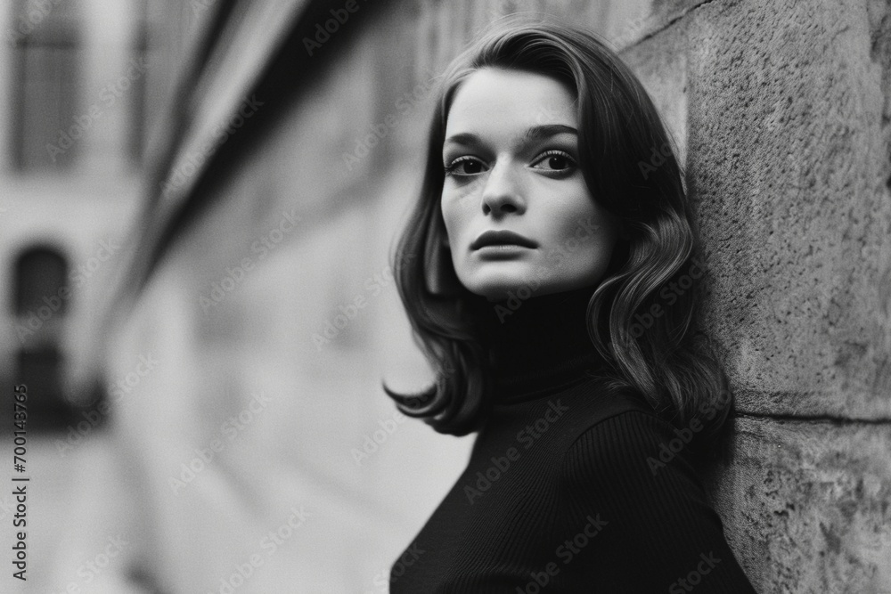 A 1970s-inspired wide shot captures the timeless elegance of a supermodel in a striking black and white photograph A 1970s-inspired wide shot captures the timeless elegance of a supermodel in a striking black and white photograph