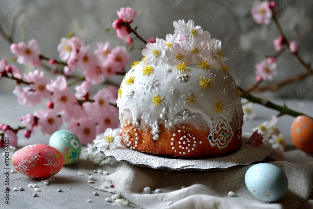 Fototapeta premium Traditional Easter cake kulich or sweet bread with brunch of flowering tree and colorful eggs
