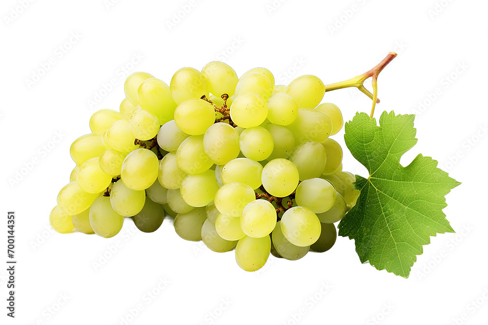 Green grapes are horizontal and leaves are isolated on a Transparent background. Generative AI