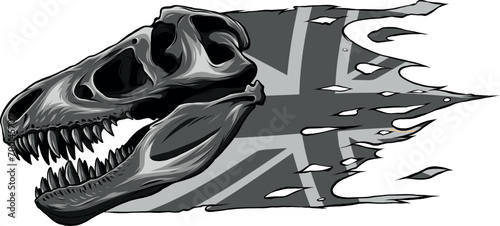 monochromatic illustration of T-rex Skull with british flag