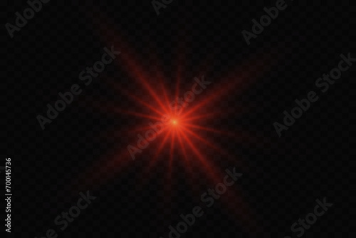 Fototapeta Naklejka Na Ścianę i Meble -  Explosion of red glowing flare on a transparent background. The effect of flashing rays and twinkling stars.