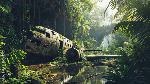 Wreck of crashed airplane in lush jungle, overgrown with vegetation. photo