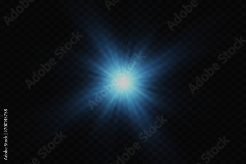 Glowing glare of a star on a transparent background. Flash of light with sun rays, flash flickering.