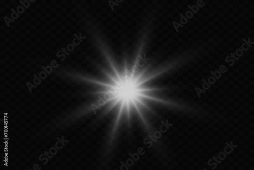 Flare light effect. Vector sun, star ray bright explosion glow with glare on a transparent background