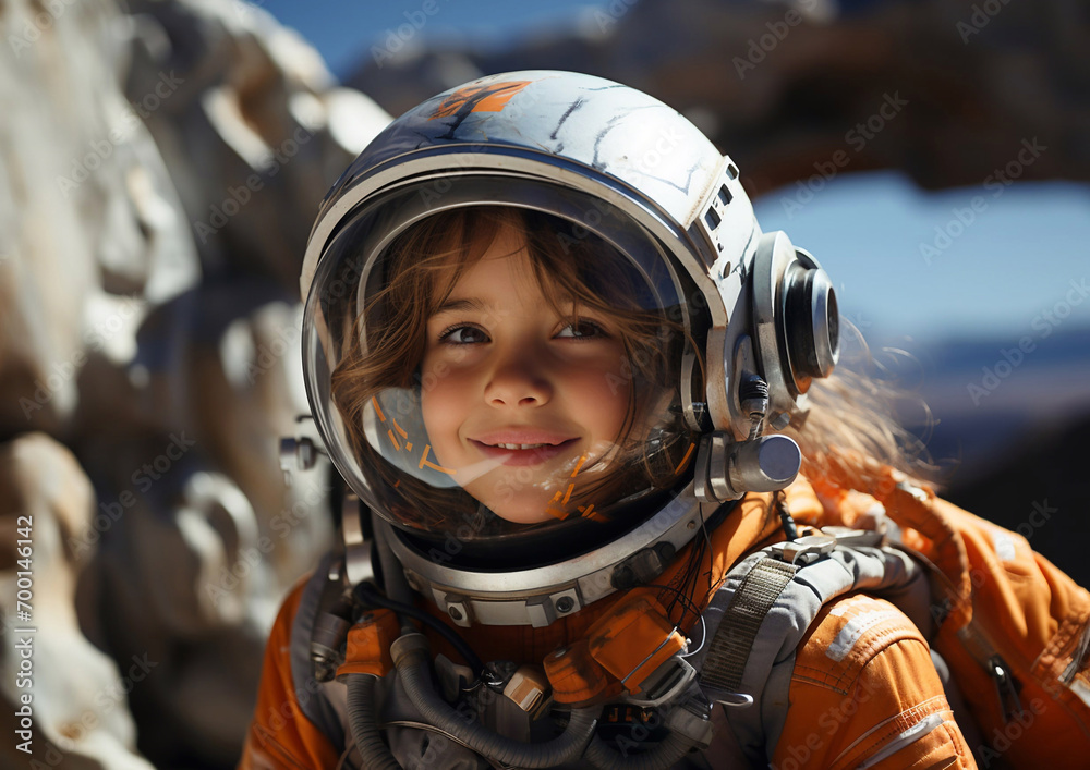 Cute little girl astronaut pilot in large helmet in futuristic space background.Macro.AI Generative. Cute little girl astronaut pilot in large helmet in futuristic space background.Macro.AI Generative.