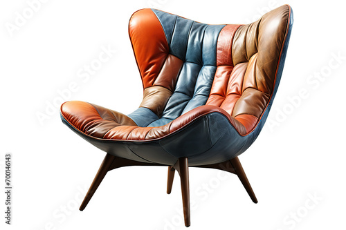 Mid-century red fabric wing chair and ottoman. Fabric upholstery armchair with metal legs and pillow isolated on a Transparent background. Generative AI photo