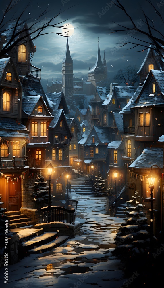 Old town at night with moonlight and snow. Halloween concept.