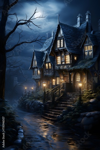 Halloween scene with haunted house and moonlight. Halloween background.