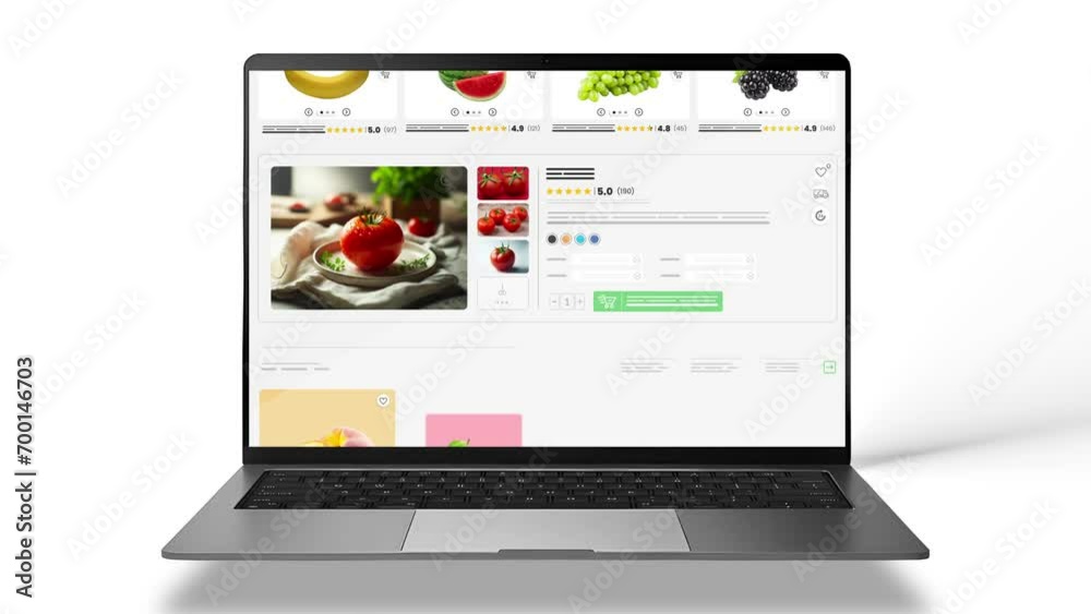 Fruits and vegetables website animation. E-commerce and shopping products. Laptop mockup