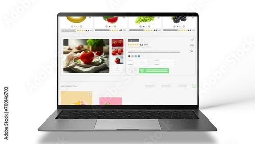 Fruits and vegetables website animation. E-commerce and shopping products. Laptop mockup