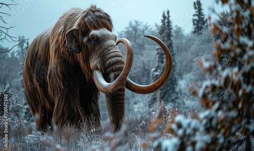 Prehistoric Mammoth with Majestic Tusks Roaming the Cold Winter Forest photo