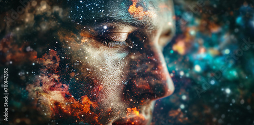 portrait with other half dissolving into a cosmic starfield, surreal space-themed abstraction