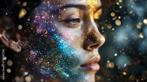 portrait with other half dissolving into a cosmic starfield, surreal space-themed abstraction