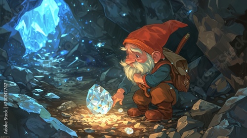 Gnome Discovering a Crystal while Mining in a Magical Fantasy Adventure within a Cave photo