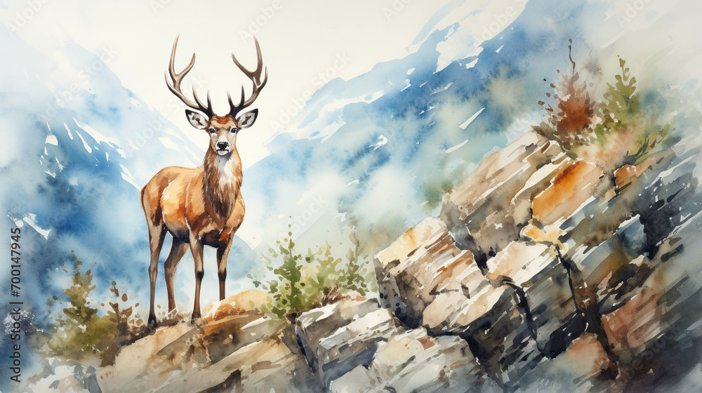 Watercolor image of a deer standing on a cliff. - obrazy, fototapety, plakaty 