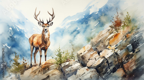 Watercolor image of a deer standing on a cliff. photo