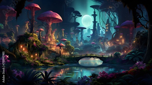 Fantasy Landscape with a pond and an island with mushrooms.
