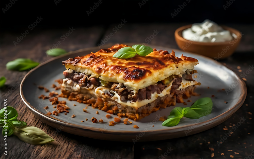 Capture the essence of Moussaka in a mouthwatering food photography shot Capture the essence of Moussaka in a mouthwatering food photography shot