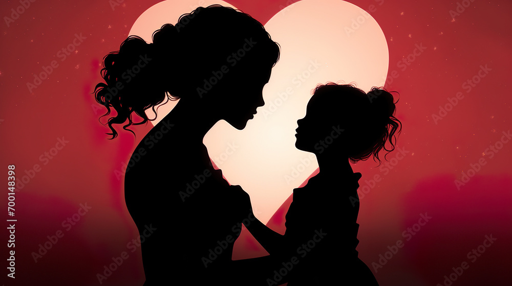 Mutterliebe – Silhouette einer Mutter und Tochter vor einem Herzen