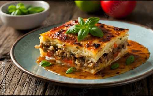 Capture the essence of Moussaka in a mouthwatering food photography shot