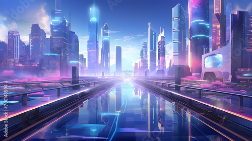 Futuristic city at night with skyscrapers and high-rise buildings