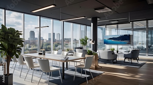 Modern office interior with panoramic windows and city view. 3d rendering