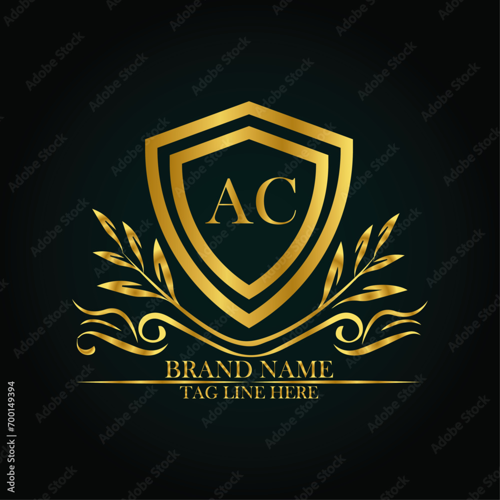 AC luxury letter logo template in gold color. Elegant gold shield icon. Modern vector Royal premium logo template vector AC luxury letter logo template in gold color. Elegant gold shield icon. Modern vector Royal premium logo template vector