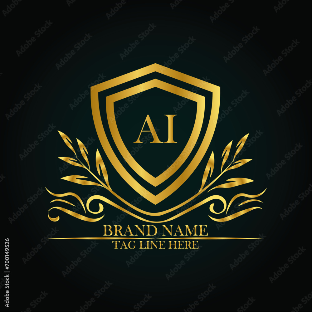AI luxury letter logo template in gold color. Elegant gold shield icon. Modern vector Royal premium logo template vector AI luxury letter logo template in gold color. Elegant gold shield icon. Modern vector Royal premium logo template vector