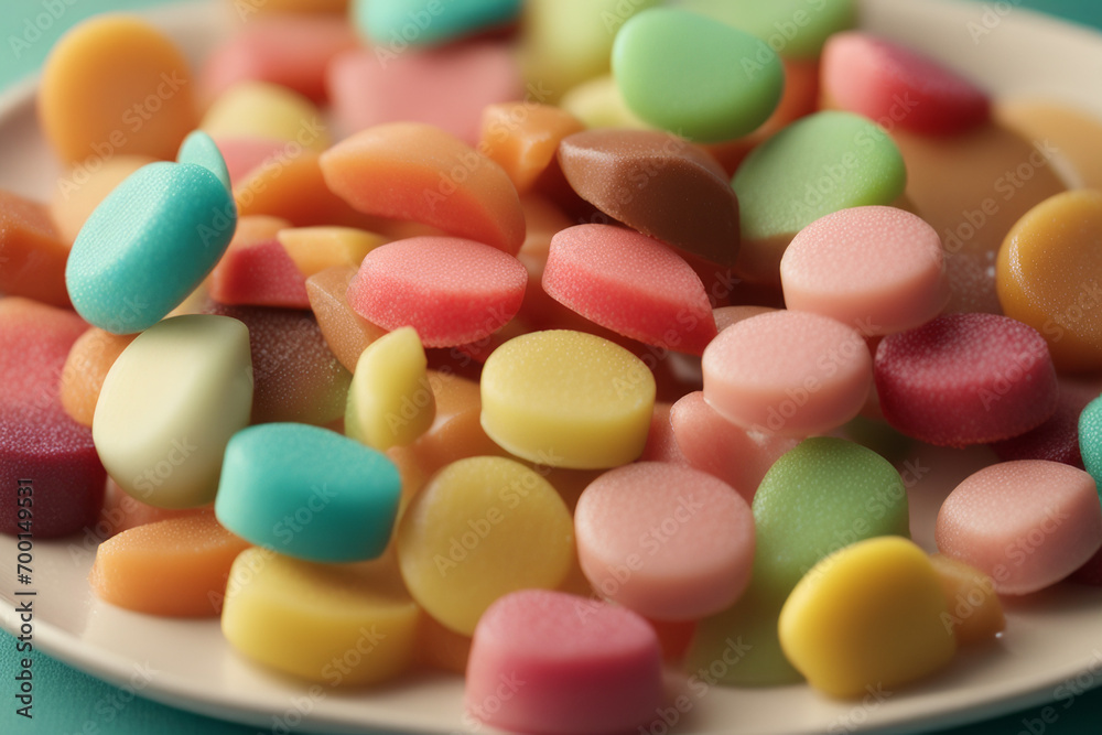 Multi-colored soft candy close-up, AI generated candy concept Multi-colored soft candy close-up, AI generated candy concept