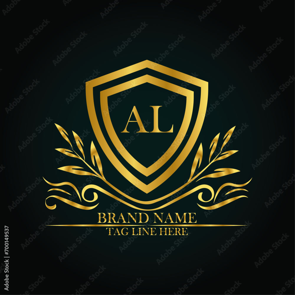 AL luxury letter logo template in gold color. Elegant gold shield icon. Modern vector Royal premium logo template vector