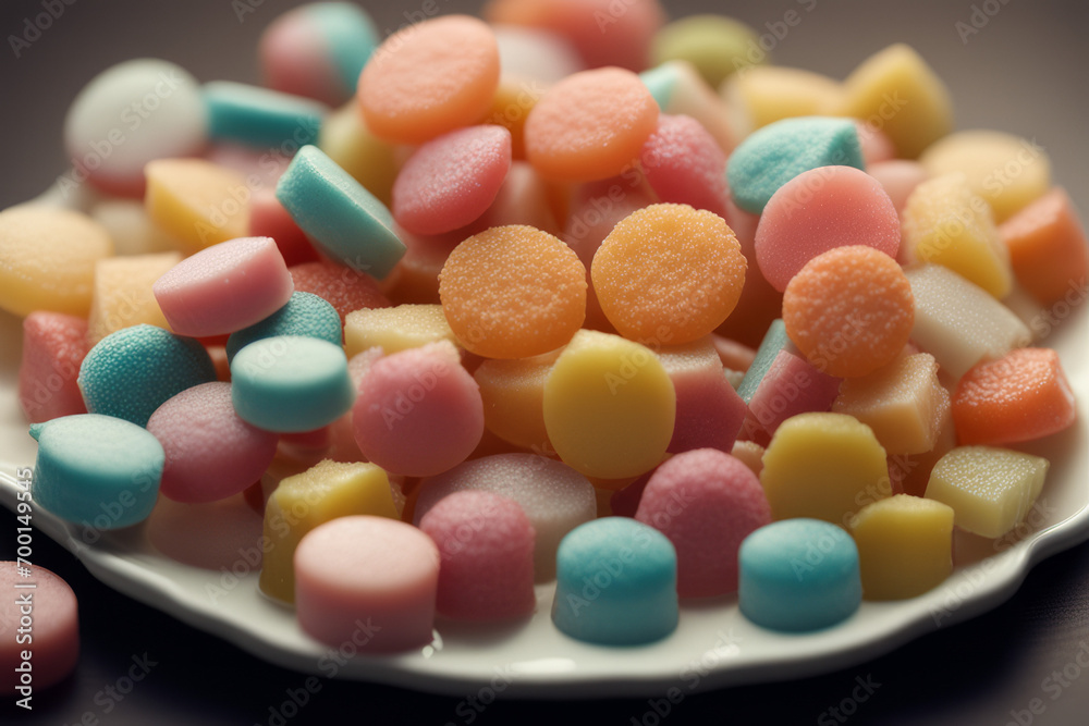 Multi-colored soft candy close-up, AI generated candy concept Multi-colored soft candy close-up, AI generated candy concept