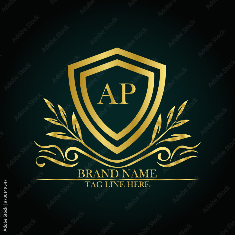 AP luxury letter logo template in gold color. Elegant gold shield icon. Modern vector Royal premium logo template vector AP luxury letter logo template in gold color. Elegant gold shield icon. Modern vector Royal premium logo template vector
