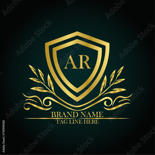 AR luxury letter logo template in gold color. Elegant gold shield icon. Modern vector Royal premium logo template vector